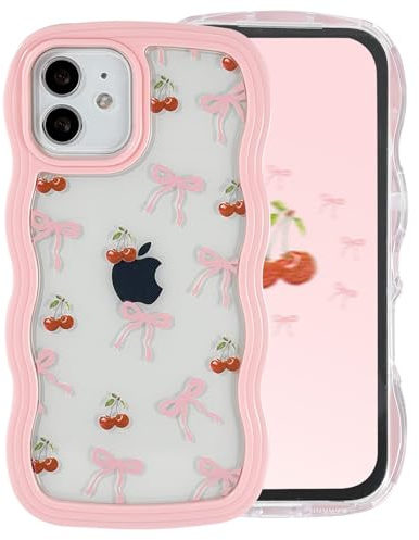 Draamvol for iPhone 11 Case Cute Curly Wave Frame Clear Phone Case Shockproof Pink Hard PC Bumper Soft Anti-Yellowing TPU Silicone Cover for Women Girls, Bow Cherry