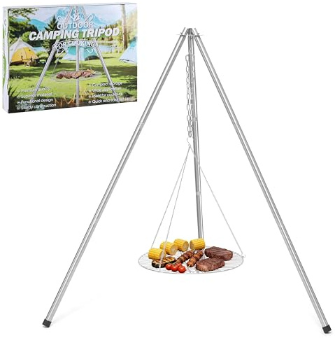 Stainless Steel Campfire Tripod for Cooking, HaSteeL Camping Tripod Grill with 17” Folding Grate, Heavy Duty Openfire Stand Hanger for Outdoors Beach Firepit BBQ, Detachable Handle, Adjustable Height