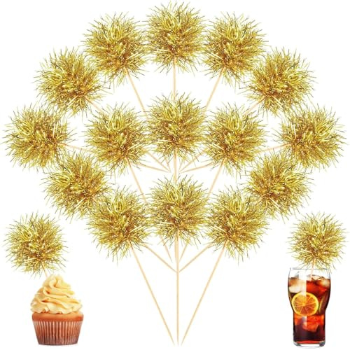 20 Pcs Foil Firework Cupcake Toppers Gold Sparkle Tinsel Cake Toppers New Years Cake Decoration Cocktail Fruit Toothpick for Birthday Wedding Graduation Party