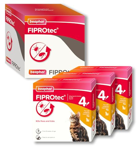 Beaphar - FIPROtec Spot-On Flea & Tick Treatment for Cats - 12 Treatments - Kills Fleas & Ticks - Veterinary Medicine - Easy to Apply Monthly - For Cats & Kittens from 8 Weeks Old, Weighing Over 1kg