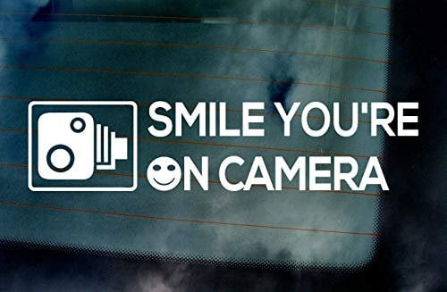 Smile You're on Camera Dash Cam Insurance Scam Protection Funny Novelty Car Van Window Windscreen Bumper Vinyl Die Cut Custom Stickers Decals Graphics
