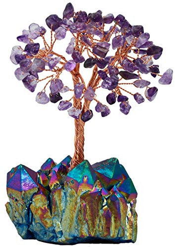 KYEYGWO Amethyst Kristall Geldbaum auf Bunter Titan Cluster Base, Feng Shui Bonsai Glücksbaum Kristallbaum Deko für Glück, Reichtum und Gesundheit, 11-14 cm Hoch