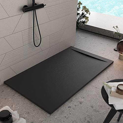 Piatto doccia in marmoresina di colore nero, effetto pietra ardesia, serie Barcelona, slim 3 cm, rivestito di Gelcoat, antiscivolo