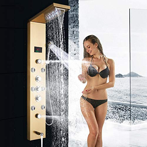 Huin Panneau de douche de bain LED robinet de colonne de douche de pluie cascade dorée écran de température numérique système de douche mélangeur bec de baignoire