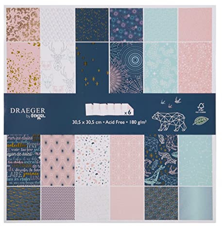 DRAEGER PARIS 1886 PS166 Papier Scrapbooking, Nachtblau und Pastellrosa, 30,5 x 30,5 cm