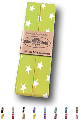 Sandras-Bastelladen Schrägband/Einfassband Baumwolle gefalzt 3m x 20mm - Sternen Muster 2009-Hellgrün-Weiß