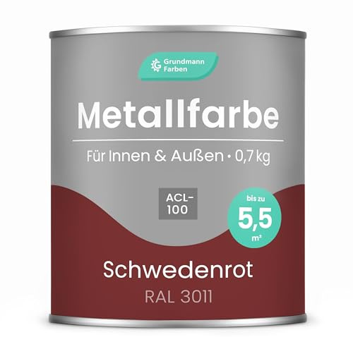 Grundmann Metallfarbe ACL 100 - Schwedenrot 0,7 Kg - Seidenmatt - 4in1 Metallschutzlack inkl. Rostschutz und Grundierung - RAL 3011 Schwedenrot/Braunrot