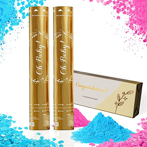 Team Planet Kit de Cañón de Confeti para Revelacion Genero Bebe - Juego de 2 con Confeti y humo revelación de género bebe Biodegradables para Fiesta de Baby Shower - 1 Azules y 1 Rosas.