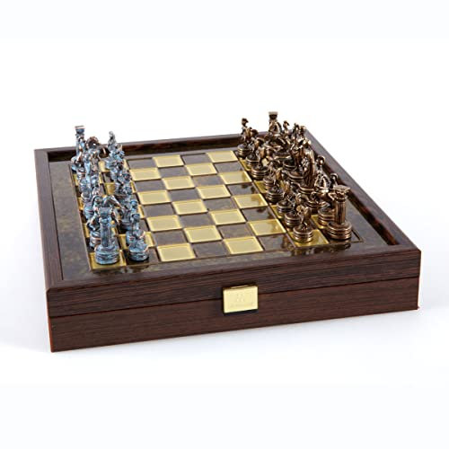 Manopoulos Griechische Römische Armee Schachset – Blau & Kupfer – Holzkoffer – Braunes Brett