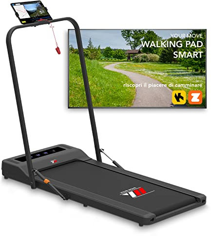 YM Elektrisches Laufband Schwarz, Platzsparend, mit Halterungsleiste und Tabletanschluss, Integrierte Bluetooth-Lautsprecher, KINOMAP und ZWIFT, Fernbedienung zur Uhr, 6 Program
