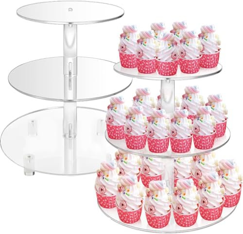 3 Tier Round Cupcake Stand - Acrylic Transparent Cupcake Display Holder Reusable Dessert Tower Stand Cupcake Holder for Baby Shower Wedding Birthday Party