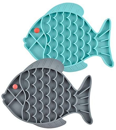 Koomuao Tapis de Leche Chien, 2Pcs Tapis Léchage Chien avec Ventouse Forme de Poisson Tapis à Lécher pour Chien à Alimentation Lente Silicone pour Bain, L'entraînement (Fish-Bleu+Gris)