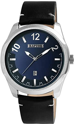 Raptor Charley Herren-Uhr Leder Datum Leuchtzeiger Analog Quarz RA20356 (schwarz blau)