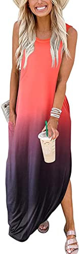 Cuptacc Damen Kleider Sommer Sommerkleid Ärmellos Lang Einfarbiges Strandkleid mit Taschen Orange Schwarz Gradient,Mittel M38-40