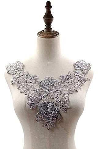 Wambere Stickerei Spitzenbesatz Häkelspitze Patch Spitzemotiv Applique Patches Einsatzkragen,Bestickte Blumen Spitze Kragen Applikation für Nähen Handwerk Kostüm Hochzeitskleid Brautkleid Deko,Grau