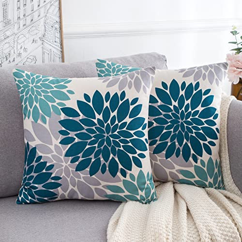 Kissenbezug 45x45 Blau Grün und Grau 2er Set Sofakissen Geometrische Blume Leinen Quadrat Weiches Kissenbezüge Abstraktes Sommer Kissenhüllen für Wohnzimmer Garten Kissen