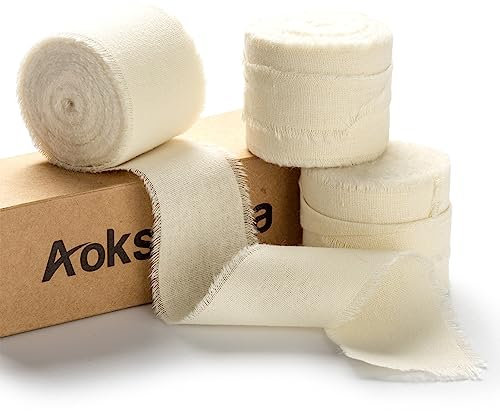 AOKSUNOVA Schleifenband Hochzeit 3,8cm x 14,5m Geschenkband Baumwolle Stoffband Fransenband Beige Creme