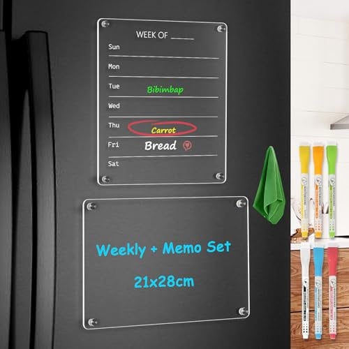 DOLLAR BOSS 2PC 21×28cm Kühlschrank Kalender Magnetischer Acryl Kalender für Kühlschrank, Monatsplaner Stundenplan Abwischbar Magnetisch mit 6 Farbigen, 1 Wischen Markern