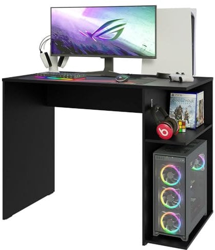 Madesa Gaming Computer Desk 39 Inch with 2 Shelves and Headphone Hanger Wooden Sturdy Home Office Table for Kids and Adults - Black