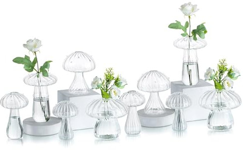 Glasseam Pilz Vase Glas Klar, 10er Set Blumen Vasen Deko, Mini Vasen für Tischdeko, Pilzförmige Vase Klein Glasvasen für Couchtisch, Schöne Blumenvasen Propagation Station für Home Wohnzimmer