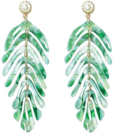 Palm Leaf Earrings for Women, Cute Plant, Pearl Acrylic Dangle Hypoallergenic, Tropical Tree Statement Drop Earrings, Bohemian Feather Studs, Jewelry Gifts,Green