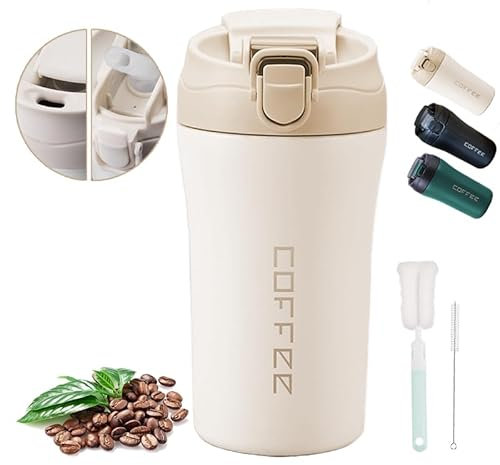 XIXIAMI Travel Mug 400ml Insulated Coffee Cup for Hot and Cold Drinks Car Mug with Straws, Cleaning Brush Leakproof Thermal Stainless Steel Tumbler Birthday Gift for Boys Girls-Cream White