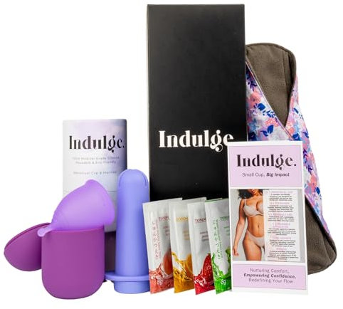Indulge 5 PCS Reusable Menstrual Cup Set – Silicone Period Cup, Microwave Steriliser, Water Based Lube, Panty Liners, Eco-Friendly Alternative to Tampons & Sanitary Towels, Small, Pack of 2, Purple