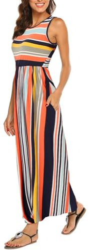 BDTECAOR Damen Sommer Casual Einfarbig Ärmellose Lockere Strandkleid Maxi Kleid mit Taschen Mehrfarbige Streifen L