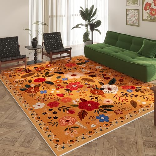 Rugcomf Vorleger, 2,44 x 3,05 m, waschbar, Boho-Teppich, rutschfest, florales Vintage-Design, niedriger Flor, großer Teppich für Wohn-, Schlafz-, Ess-, Kinderspielzimmer, Bauernhaus-Stil (Gelb)