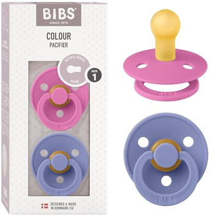 BIBS Colour Schnuller 2er-Pack, BPA-frei, Kirschform Nippel. Naturkautschuk/Latex, Hergestellt in Dänemark, Größe 1 (0-6 Monate), Bubblegum/Peri