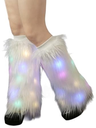 BAYORE Y2K Faux Furs Leg Warmers For Womens Winter Warm Furs Boot Cuffs Covers Cozy Christmas Halloween Party Cosplay Costume Led Light Up Furry Leg Warmers