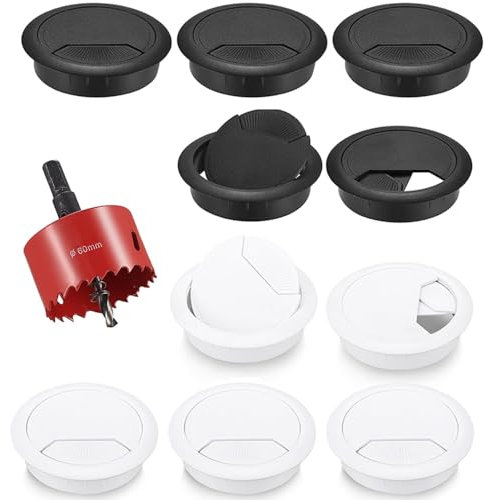 10 Stück Kabeldurchlass Tisch, Kabeldurchführung Tisch Rund, Kabeldurchführung Tischplatte, Schreibtisch Kabeldurchführung 60mm Kabeldurchlass mit 1 Lochsäge für Tisch Büro Arbeitsplatten