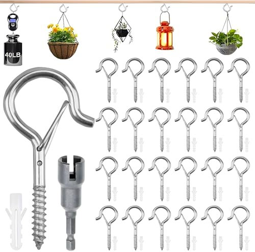 SIMDAO 25PCS Steel Screw Hooks for Outdoor String Lights, Plants, Birdcage, Christmas Decor
