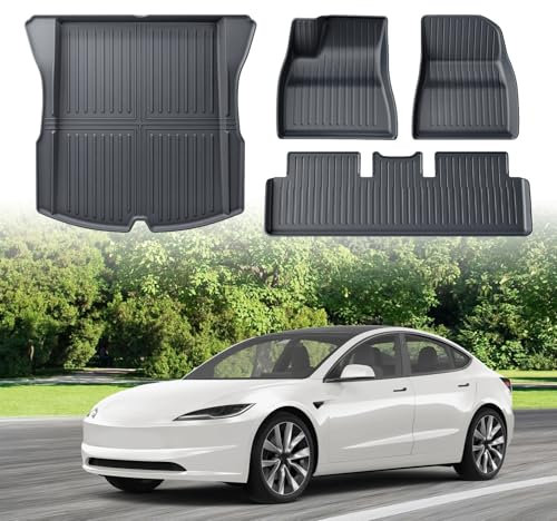 ECOZEN Fußmatten für Tesla Model 3 2024-2025, Allwetter Fußmatten, Kofferraummatten, 3D wasserdichte Gummifußmatten Set für Tesla Model 3 Zubehör