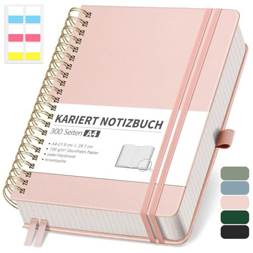 RETTACY Notizbuch A4 kariert, Bullet Journal mit 100 g/m² Dickem Papier, 150 Blatt, Collegeblock für Büro und Schule, Lederhülle, Roségold,21 cm x 29.7 cm
