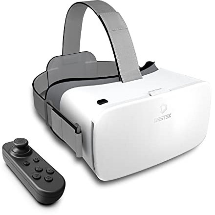 DESTEK V5 VR Casque pour Téléphone avec Manette, 110°FOV HD Anti-Lumière Bleue Lunettes de Réalité, Lunettes de réalité virtuelle VR pour iPhone 15/14/13/12/11, Samsung, Android - Blanc