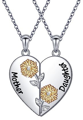 HOOHWE Mutter und Tochter Kette 925 Sterling Silber Sonnenblume Herz Halsketten Anhänger Halskette für Frauen Schmuck Geschenke für Mama Tochter