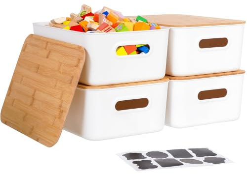 Citylife 4Pack 13L Bathroom Storage Box with Wood Lid | 36 x 25.5 x 14.8 cm, Plastic Storage Containers for Kitchen, Stackable Organizing Box with Handle for Shelves, Kitchen, White