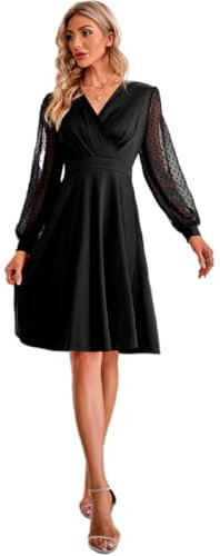 Hanaoops Women Long Sleeve Dress V Neck Waist Swing Dresses Dot Solid Mesh Sleeves Ladies Cocktail Evening Party Midi Dress High Waist Retro Sexy Knee Length A Line Short Dresses Black