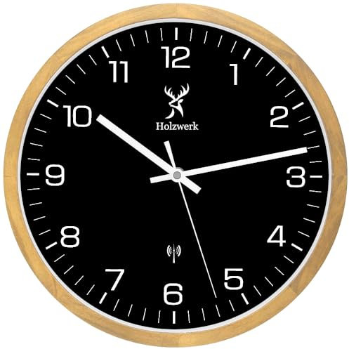 Holzwerk OFFENBURG Funk Natur Holz Funkwanduhr Wanduhr Holz-Uhr Vintage Funkuhr lautloses Uhrwerk ohne Tickgeräusche Buche Braun Schwarz Weiß lautlos aus handgefertigtem Massivholz 30 cm
