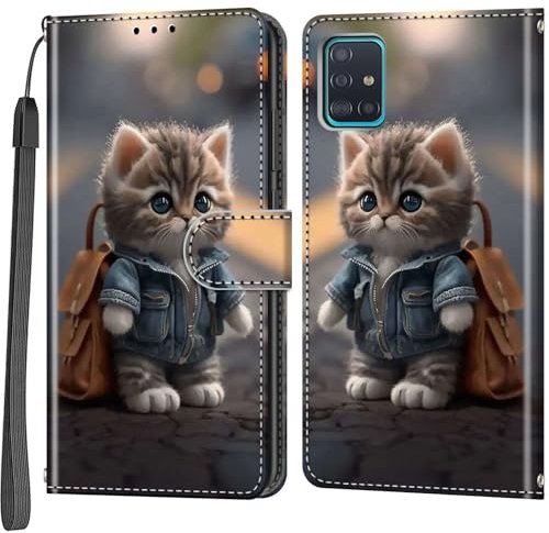 Handyhülle für Samsung Galaxy A51 Hülle, Magnetische Flip Stoßfeste Schutzhülle mit Standfunktion Kartenfächern Klapphülle Handytasche Katze