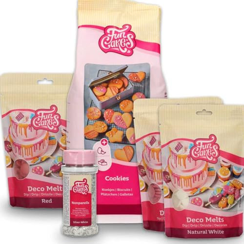 AOS Set | Komplett-Set Backmischung Kekse mit Glasur Weiß/Rosa/Rot zum selber machen | Enhält Funcakes Mix für Cookies Plätzchen, Deco Melts und Streusel | einfache Zubereitung