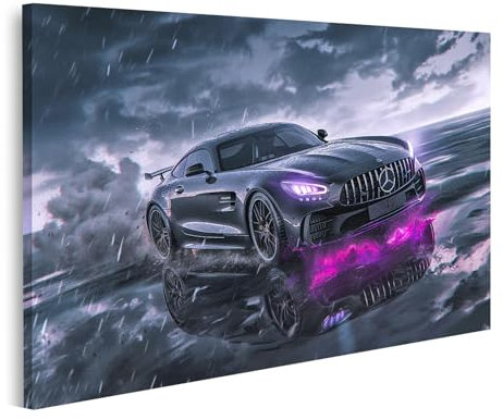 islandburner Bild auf Leinwand Mercedes im Gewitter mit lila Neonlicht für Wohnzimmer Auto-Enthusiasten Autohaus Bilder Wandbilder Poster