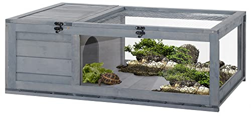 PawHut Casa para Tortugas de Madera Techo de Malla 91x60,5x32 cm Gris
