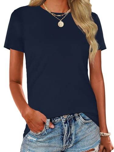 Elesomo Womens Tops Short Sleeve Tshirts Crew Neck Fitted T Shirts for Summer, Navy 14 16