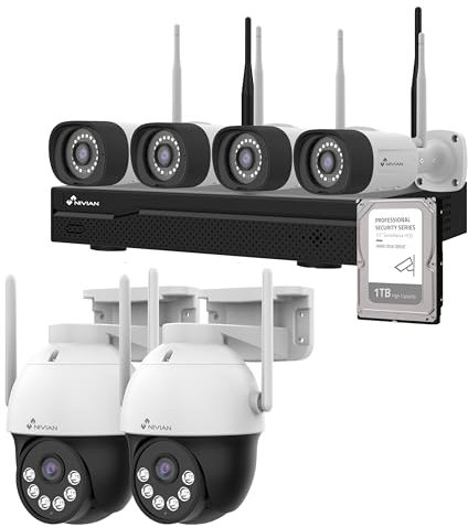 NIVIAN Kit Camaras de Vigilancia Profesional WiFi SuperHD con 6 Cámaras IP, PTZ y Grabador con Disco Duro 10CH - para Casas y Negocios - Visión Nocturna, Detección Humana IA, Audio Bidireccional
