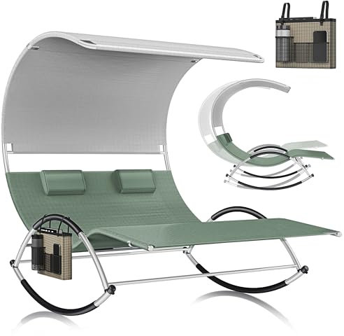 KESSER® Doppel-Sonnenliege Doppelliege mit Sonnendach, Kopfkissen Tasche für 2 Personen, Relaxliege, Gartenliege, Schaukelliege ergonomische Liegefläche, 240 kg Belastung, Seitentasche, Khaki Grau