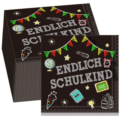 Tenare 100 Servietten Einschulung Endlich Schulkind Schulanfang Papierservietten Schuleinführung Zuckertüte Servietten Einschulung Deko für Junge Mädchen 1. Schultag Tischdeko, 33 x 33 cm(Schwarz)