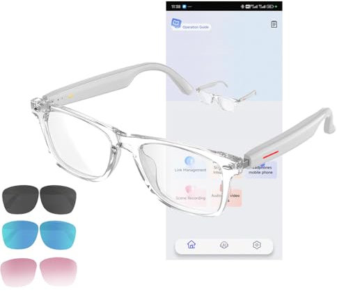 CatXQ AI Smart Glasses for Men & Women - Bluetooth Translation Glasses, Noise Cancelling Audio & Blue Light Filtering & Interchangeable Sunglass Lenses (Black/Blue/Pink) for Office & Outdoor - White