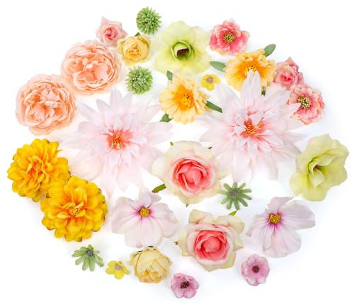 MWOOT 28 Stück Künstliche Blumenköpfe, Kunstblumen für Handwerk, Gefälschte Rosen Pfingstrose Seerose für DIY Hochzeit Party Festival Haus Kuchen Dekoration, Kunstblumen Mischen Deko(Rosa)